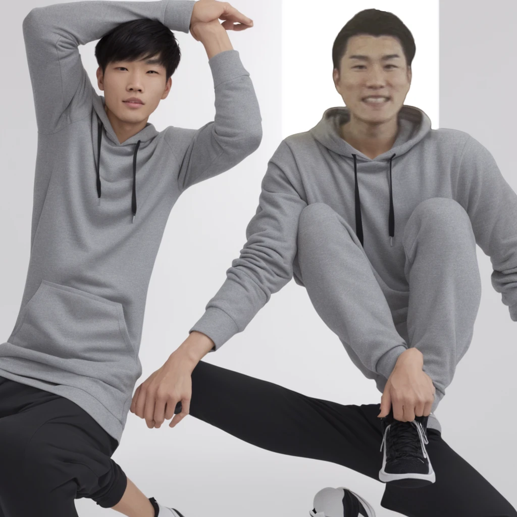 Full body of one man、upright、Gray hoodie、Long sleeves、Detailed hands、Not posing、Calm pose、Asian、Pure white background、With arms outstretched、Wearing black pants、Long length、Black sneakers、Both arms are straight、joint、Natural Joints