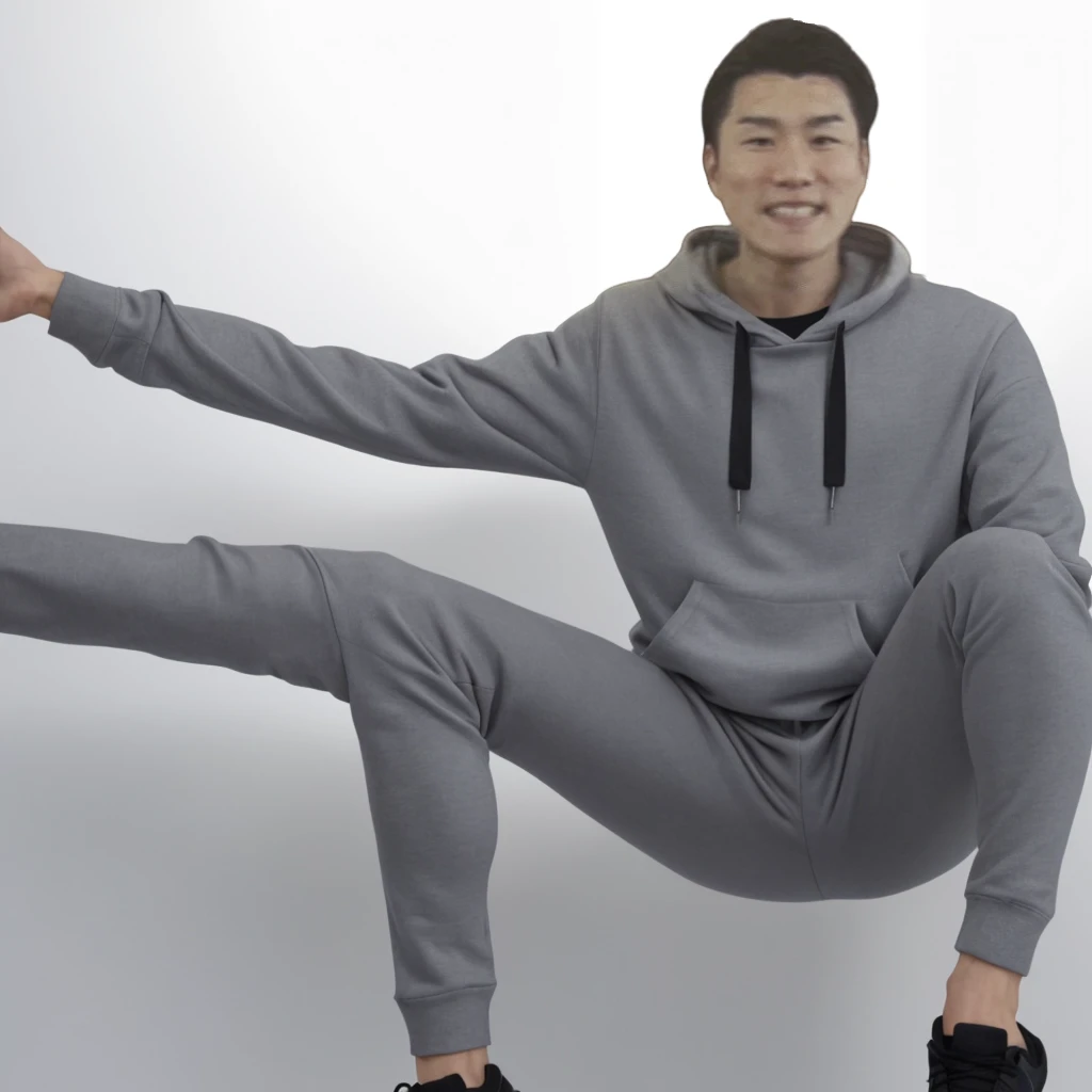 Full body of one man、upright、Gray hoodie、Long sleeves、Detailed hands、Not posing、Calm pose、Asian、Pure white background、With arms outstretched、Wearing black pants、Long length、Black sneakers、Both arms are straight、joint、Natural Joints