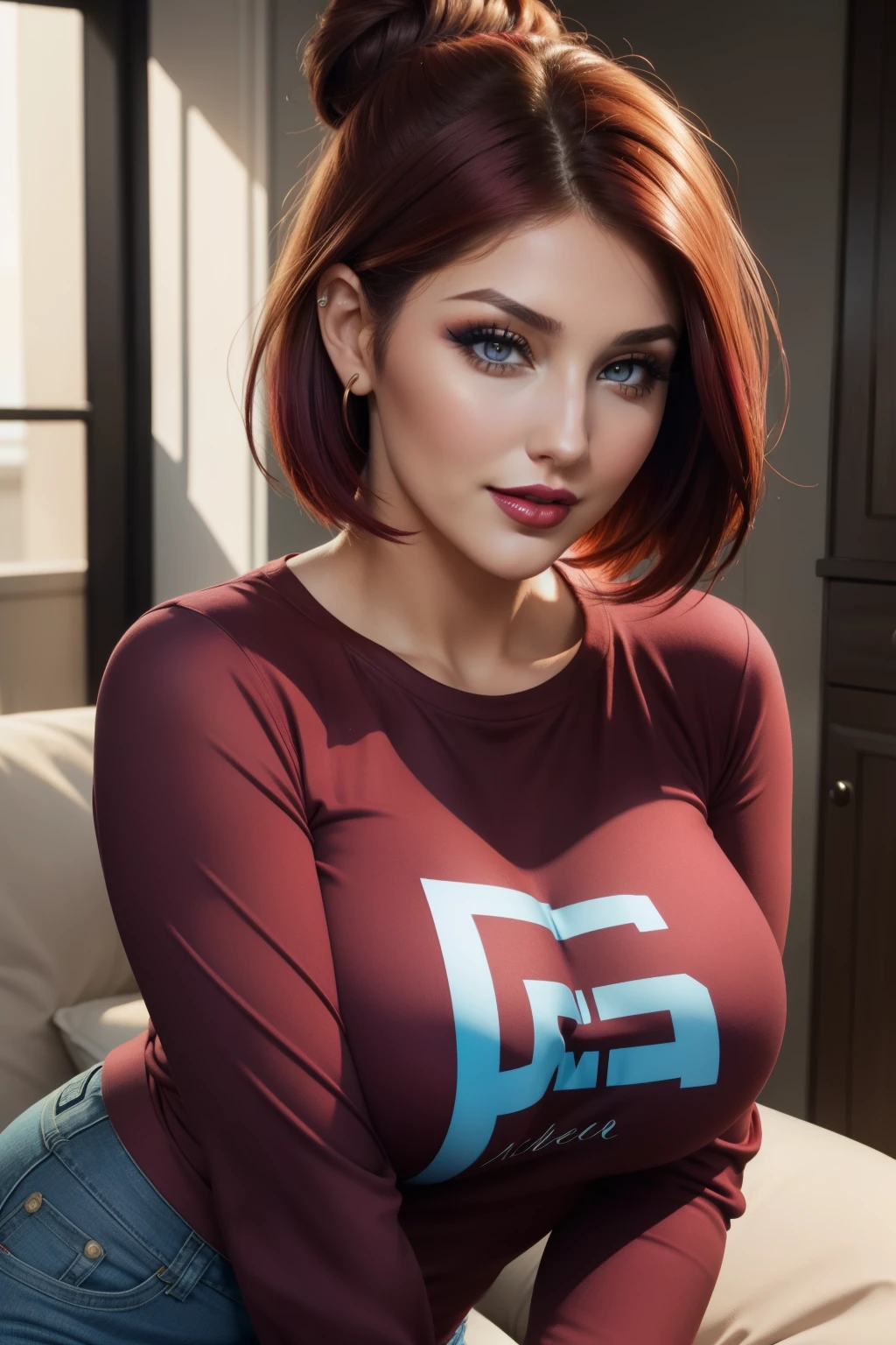 Lucy Pinder, face portrait, beautiful face, smiling, voluptuous woman, ((very intense makeup)), ((bright lipstick)), short hair, maroon hair, hair in a bun, long sleeve t-shirt, t-shirt blue, light blue jeans