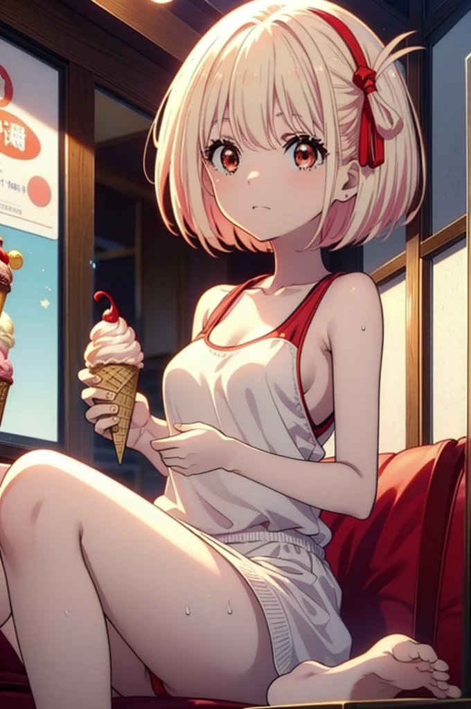  Chisato Nishikigi, short hair, bangs, Blonde, (Red eyes:1.5), Bobcut,smile,Open your mouth,Sweat,Red Tank Top,Red string underwear,barefoot,barefoot,Sitting on the sofa,Holding an ice cream in one hand,Eating ice cream,Daytime,True Summer,whole bodyがイラストに入るように,
break outdoors,room,
break looking at viewer, whole body,
break (masterpiece:1.2), Highest quality, High resolution, unity 8k wallpaper, (figure:0.8), (Beautiful attention to detail:1.6), Highly detailed face, Perfect lighting, Highly detailed CG, (Perfect hands, Perfect Anatomy),