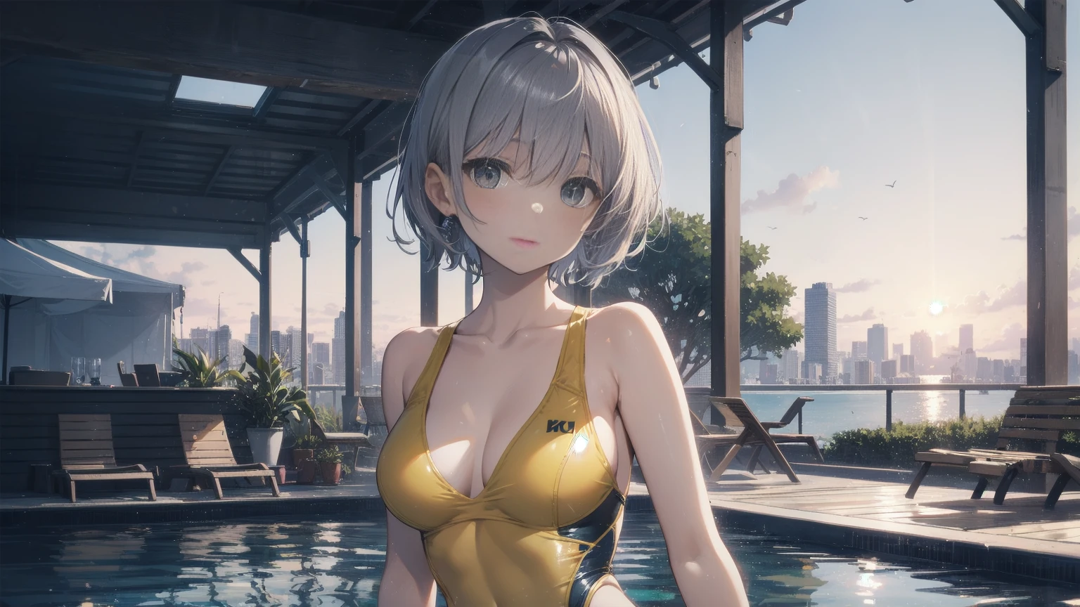 high quality、最high quality、Complete limbs、Ultra-high resolution、Full Finger、short hair、Gray Hair、Slender beauty、Wearing a yellow swimsuit