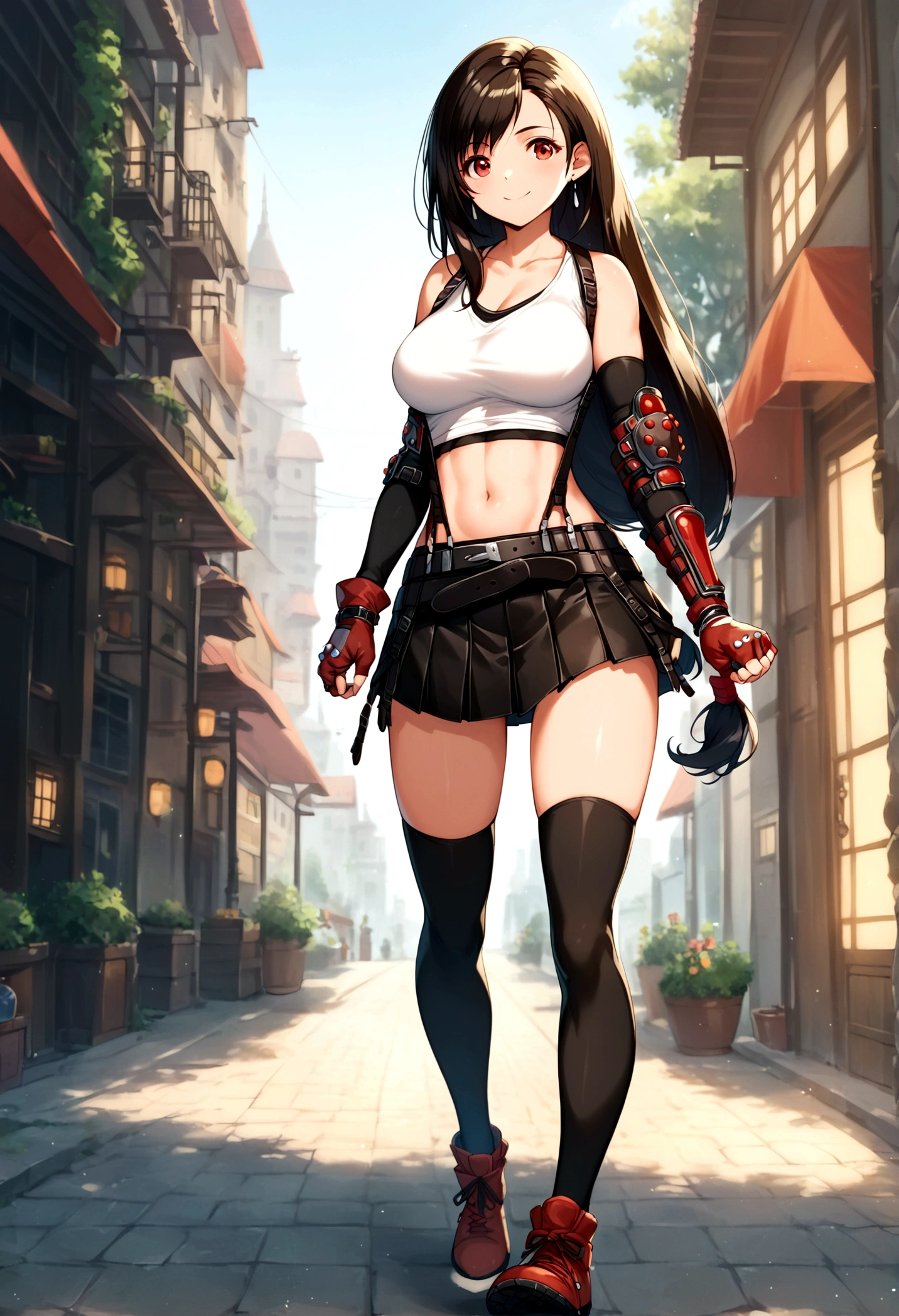 score_9, score_8_up, score_7_up, score_6_up, score_5_up,,rating_safe. BREAK , (from side,front view ,feet focus,standing,straight-on,,(upperbody),looking_at_viewer ,1girl, tifa lockhart, final fantasy, tareme,black hair, low-tied long hair, red eyes, bangs, (white tank top, belt, pleated skirt, thighhighs, elbow fingerless gloves, elbow pads, midriff, navel,suspender skirt) ,large_breasts,(light smile),,,Solo,,(daytime and beachside and city),(best quality),(aesthetic,very aesthetic),,highly detailed,,depth of field,,professional lighting,cinematic lighting, ,(running),