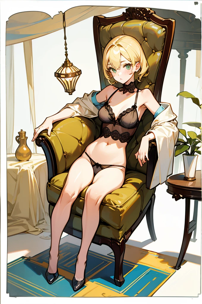 1girl, lingerie, blonde hair, thin body type, pin-up pose, chair, cozy environment, character design, white background