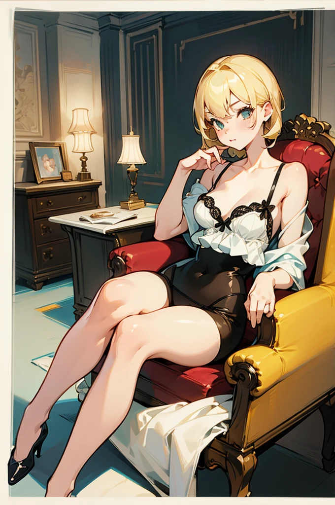 1girl, lingerie, blonde hair, thin body type, pin-up pose, chair, cozy environment, character design, white background