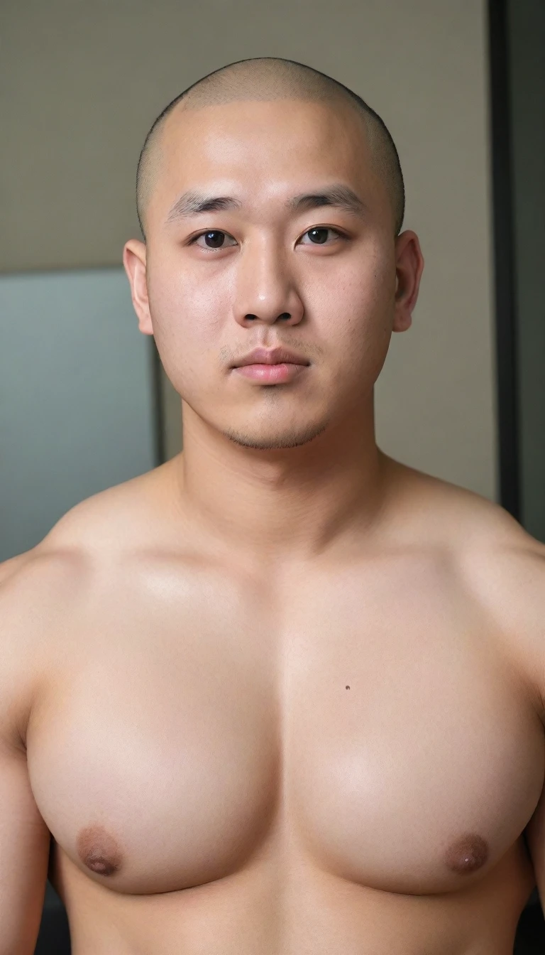 HIRO, Asian cute fat man, big eyes, bald head, round face,20 years old, very developed chest muscles, short chin, *********, tall man, looking at the camera, no coat, bare upper body, oriental man, front photo,