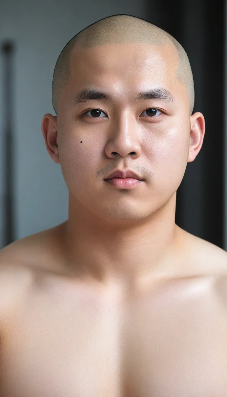 HIRO, Asian cute fat man, big eyes, bald head, round face,20 years old, very developed chest muscles, short chin, *********, tall man, looking at the camera, no coat, bare upper body, oriental man, front photo,