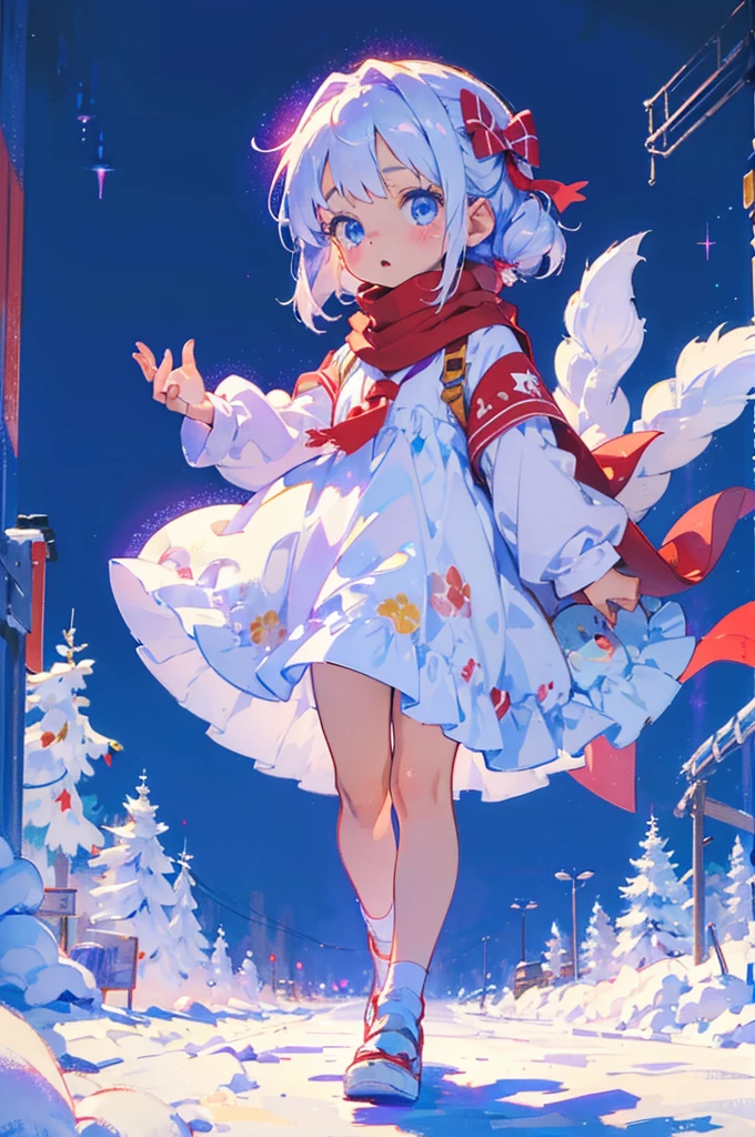 (((masterpiece))), (((best quality))),(((high detail))),light manipulation, girl with silver hair, gradient purple to sky blue eyes, wearing a white dress, a red scarf, (((loli))), (((child))) , galaxy background, holding a teddy bear, feet, no footwear