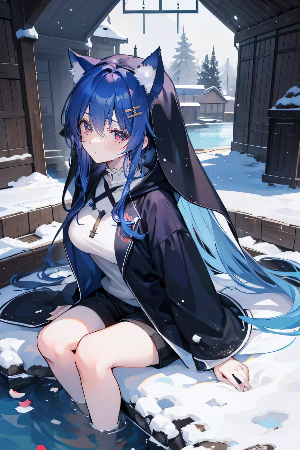 (masterpiece:1.2),Super detailed,lifelike,Expressive eyes,fair skin,perfect face shape,1 girl,
Japanese comics,Gorgeous blue hair,flowing blue hair,flowing clothes,Cat ears,Petals fall,beautiful lola,Baby Angel,
Shaking head with one hand,Cross your legs,Gentle and peaceful background,The pavilion is cool and comfortable,smile, wearing hoodie,back views,snowing, winter,lie on the water. (Best Quality: 1.3), (Masterpiece: 1.3), (Illustration: 1.3), (Ultra Detailed: 1.3), (Imide Lens: 0.9), 1girl, Medium Breasts, Purple Eyes, ((Dark Blue Hair) ), hair accessories, young, clothing-gladiia, long hair, dark blue hair, indoors, black shorts, high socks, low ponytail, expressionless, upper body, close-up, coat, skirt,Nun's Clothes。