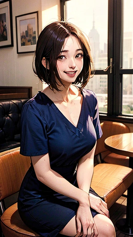 (Masterpiece:1.21),(FHD),(16K),(Top Quality:1.24),(Super Resolution),(Superb Illustration),(Best Shadow),(High Quality),(Super Detail:1.15),(Super Detail), Superb Detail, Elaborate, Beautiful, Absurd,1 Woman, Japanese Woman,(Housewife:1.5),(40 Years Old:1.68),(Attractive Mature Woman:1.66),(Middle Age:1.78),(small breasts:1.2),((graduated haircut)),Casual, simple blouse,V-neckline,knee-length skirt, blouse in bright colors,pastel shades,(((cafe interior,in room))),(laugh:1.4),(looking at viewer:1.33),
