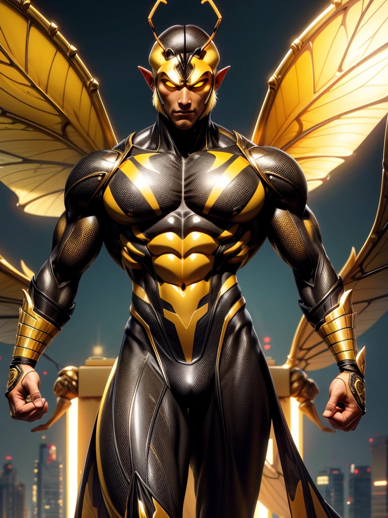 1 male, 18 years old, bee man, black hair, good body, black and yellow mottled skin, body covered in honey, has bee antennae on the head, has bee wings, highly detailed, 4k, masterpiece, hyperrealistic, cinematic lighting, dramatic composition, vibrant colors, surreal, fantasy character, digital art