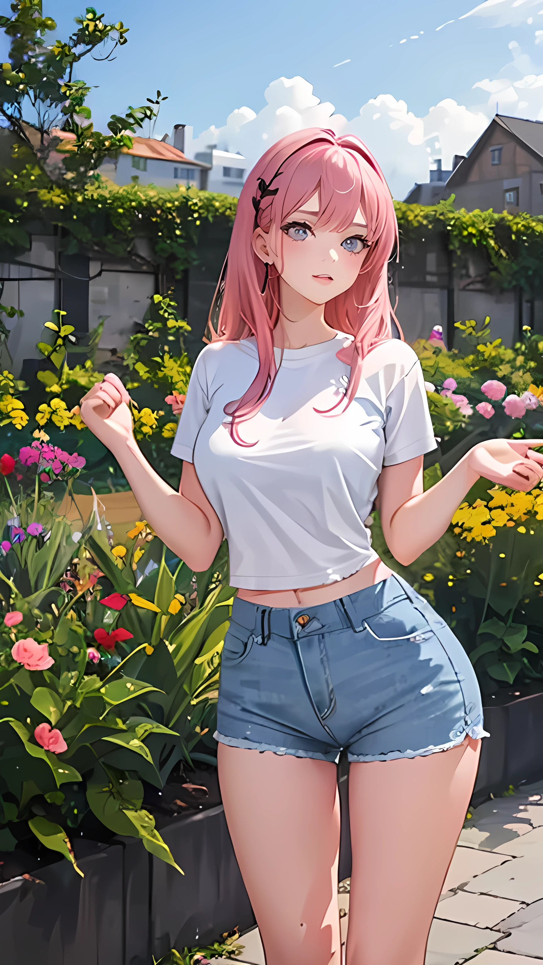 1 girl, Solitary, White shirt，，Short jeans skirt，Look at the audience 1:5，Big breasts and breasts，Perfect body pink hair long hair，The background is the garden，Black lingerie