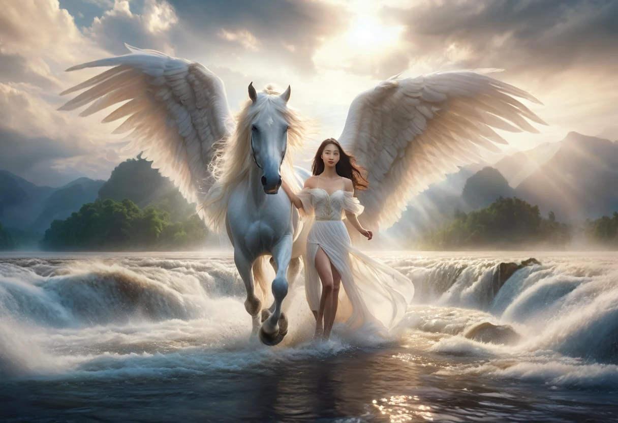 stunning fantasy art, surreal depiction, an asian woman with long hair wearing a white dress walking with a majestic white horse with spread wings, in a beautiful fast river in heaven, cinematic view, look like a movie scene, long distance shot, soft background, photorealistic, realistic human, UHD 1536px, ultra high quality photos