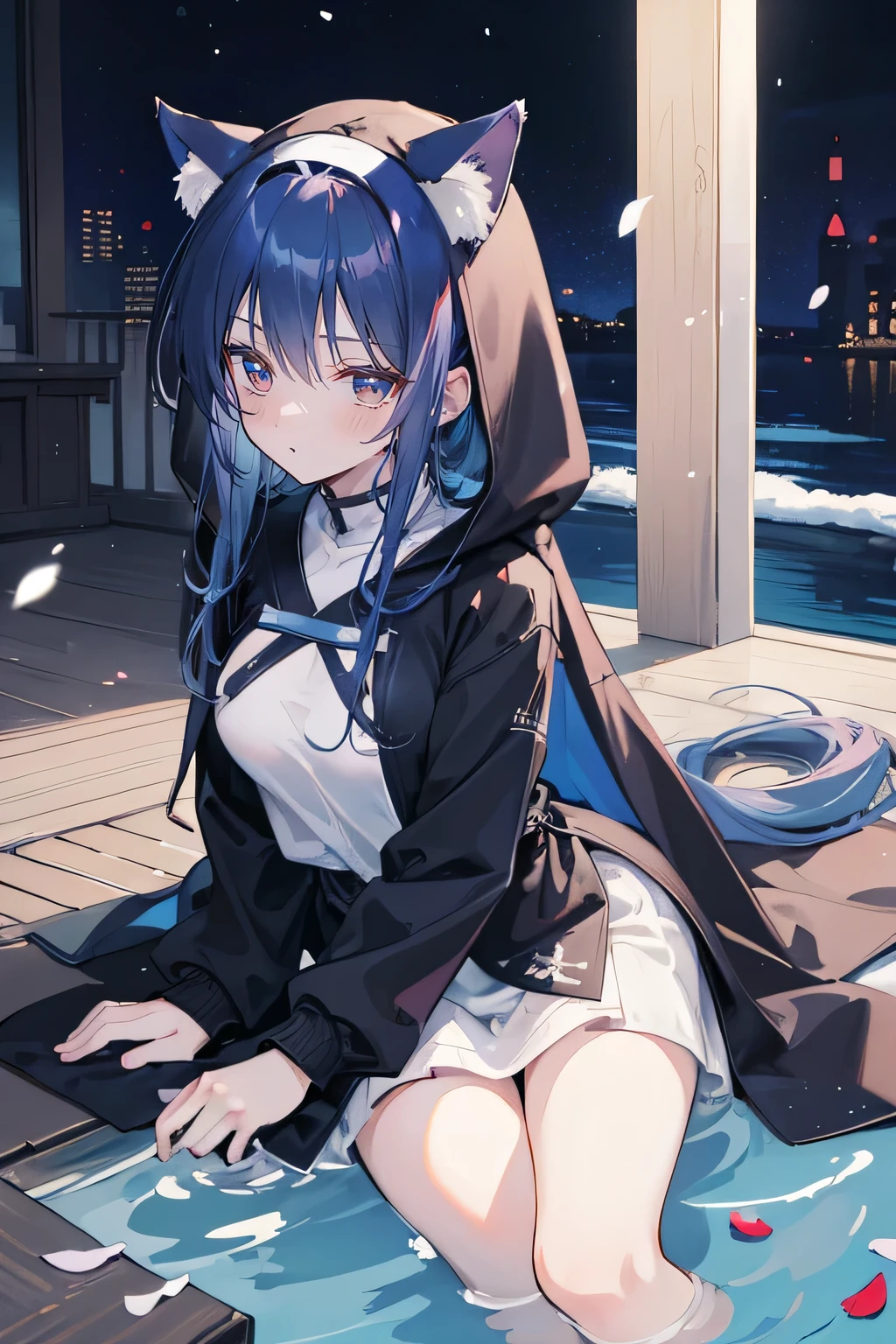 （masterpiece：1.2），Super detailed，lifelike，Expressive eyes，fair skin，perfect face shape，1 girl，
Japanese comics,Gorgeous blue hair,flowing blue hair,flowing clothes,Cat ears,Petals fall,beautiful lola,Baby Angel,
Shaking head with one hand，Cross your legs，Gentle and peaceful background，The pavilion is cool and comfortable,smile, wearing hoodie,back views,snowing, winter,lie on the water. (Best Quality: 1.3), (Masterpiece: 1.3), (Illustration: 1.3), (Ultra Detailed: 1.3), (Imide Lens: 0.9), 1girl, Medium Breasts, Purple Eyes, ((Dark Blue Hair) ), hair accessories, young, clothing-gladiia, long hair, dark blue hair, indoors, black shorts, high socks, low ponytail, expressionless, upper body, close-up, coat, skirt,Nun&#39;s Clothes。