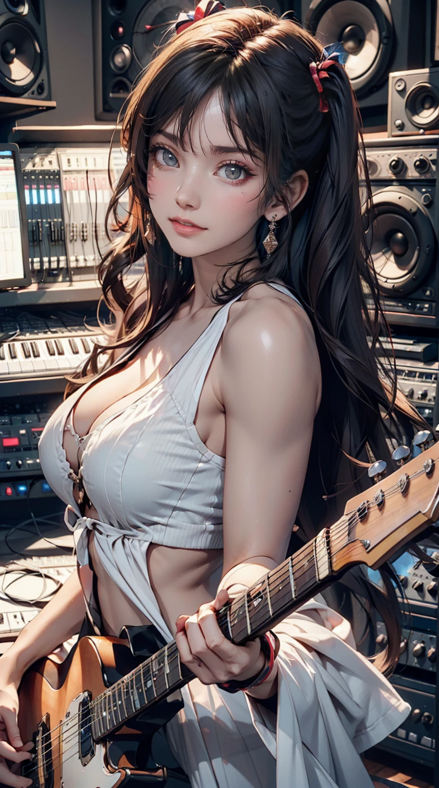 19-year-old female、Twin tails、Sexy proportions、Sexy、Eyeshadow、lipstick、Playing the guitar、Recording Studio、Recording Room