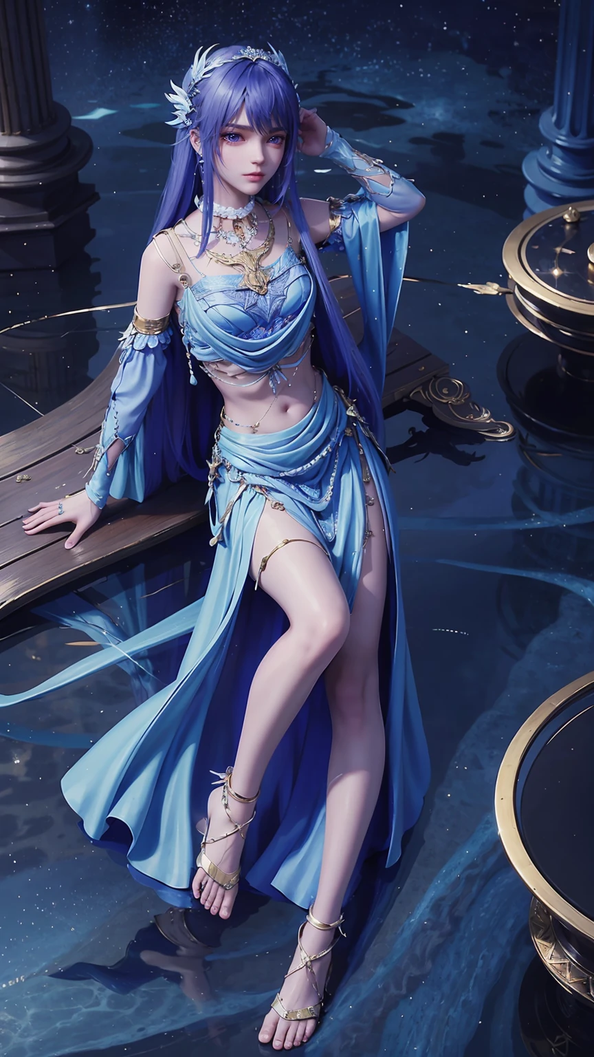 A girl、symmetry,Daughter,whole body 女恋,Put your hands together and bloom,(Very detailed:1.1),((small :1.2))、The eyes are well drawn、Charming eyes、Double tail、Wear jewelry and pearls around your neck,Transparent openwork、Deep V、Crystal Pearls、在Wear jewelry and pearls around your neck,white hair, show your thighs, Bare shoulders, Show clavicle, Yao Liu, barefoot,((whole body))、painful posture