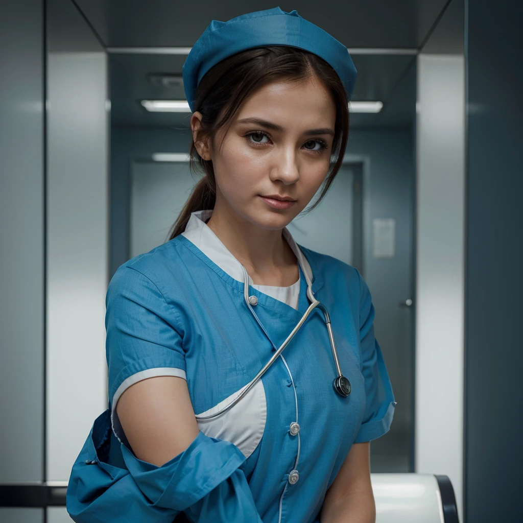 Create an image depicting a woman in a blue nurse uniform who is overly considerate of others. Show her expressing kindness and empathy, emphasizing her gentle demeanor and professional qualities through her facial expression and gestures. Set the scene in a calm background that suggests a medical environment, highlighting her compassion. Ensure the composition makes her warmth and caring nature stand out.