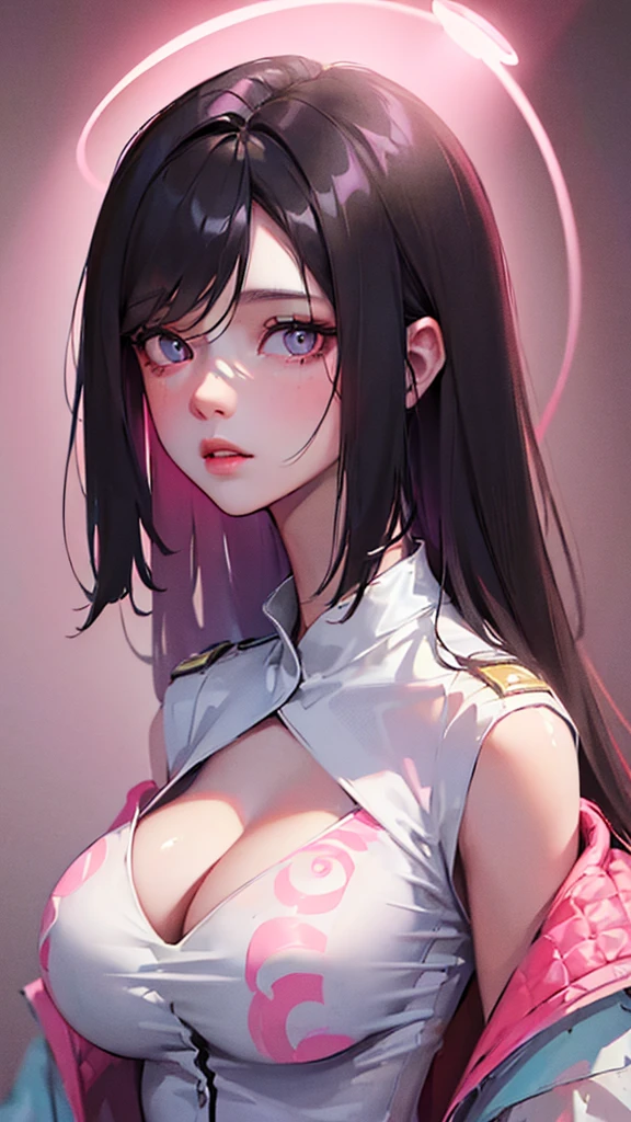 (Masterpiece:1.5), (best quality:1.2), 1girl, white shirt, pink jacket, black hair, upper body, big breast, cleavage, detailed face, detailed eyes, beautiful detailed lips, extremely detailed facial features, elegant, photorealistic, 8k, volumetric lighting, cinematic, dramatic lighting, soft focus, warm color tones