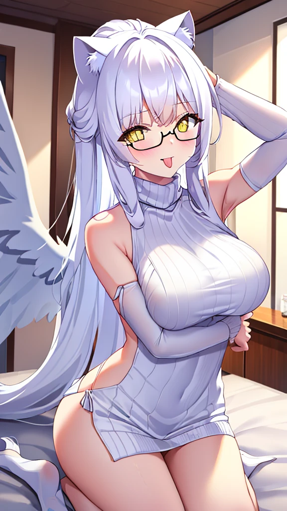 A 20-year-old female angel with long, white hair, yellow eyes, white cat ears, and large white angel wings. yellow halo ring round white glasses (White halter turtleneck sweater, white purekiller sweater, sleeveless, sexy backless sweater, white dress) White arm warmers, stick out tongue, bedroom