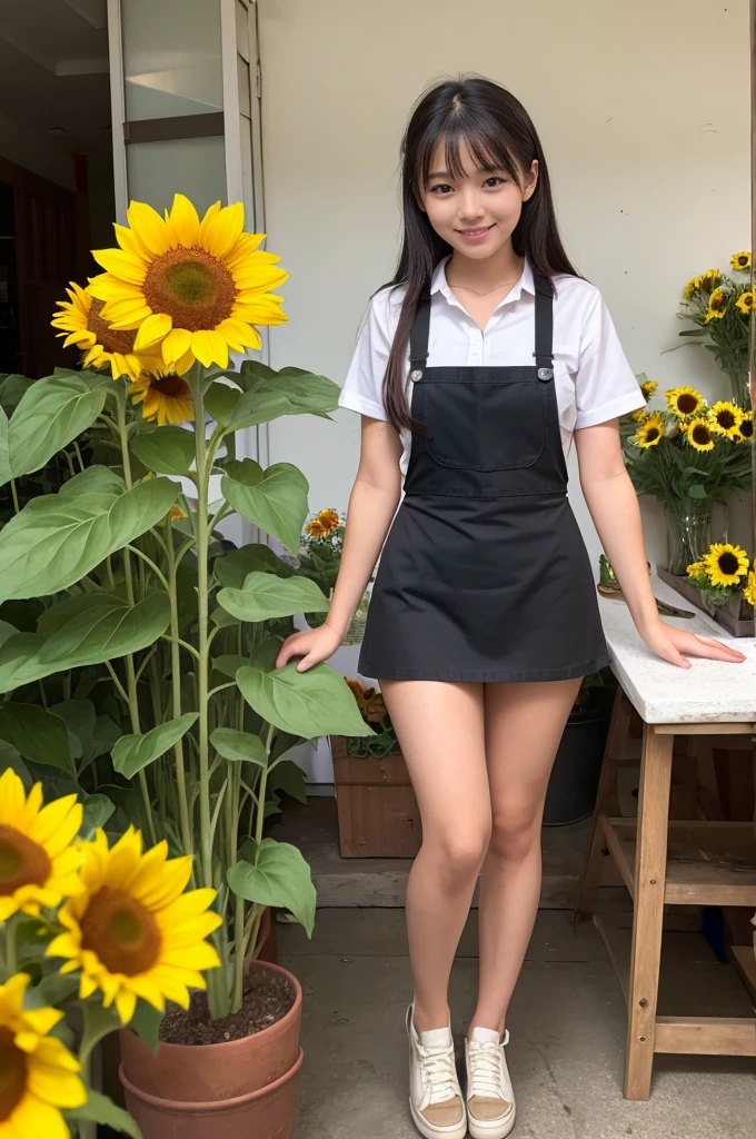 A 20-year-old girl working at a flower shop(Wearing a miniskirt and apron)have a sunflower