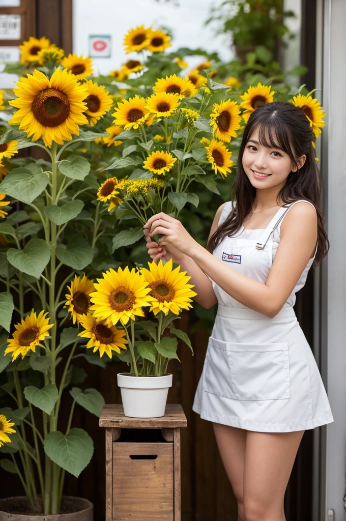 A 20-year-old girl working at a flower shop(Wearing a miniskirt and apron)have a sunflower