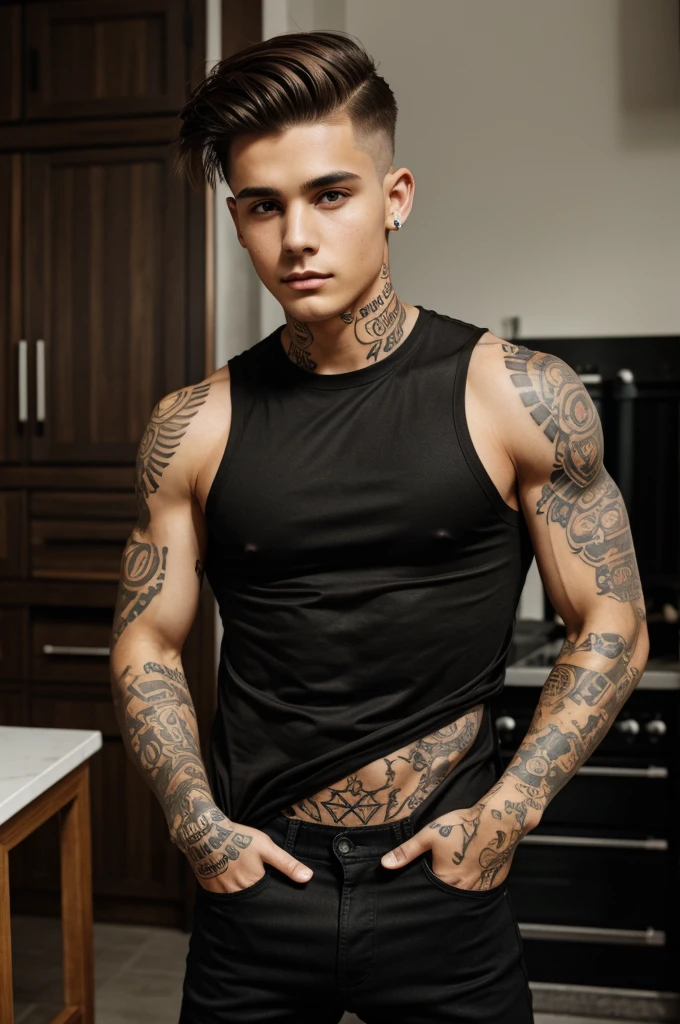 Boy 90s haircut, brown hair, tattoos in arms, thin, black outfit, brown eyes