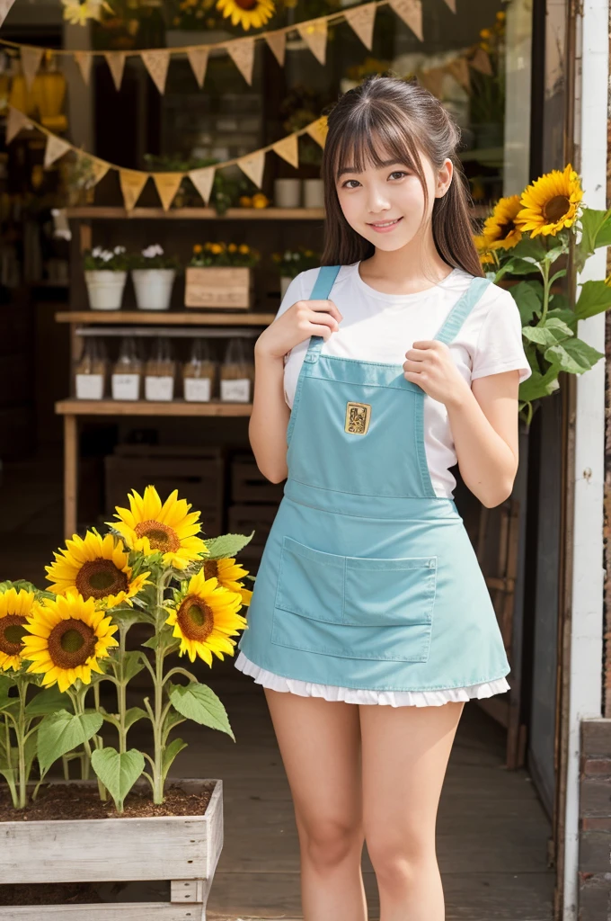 A 20-year-old girl working at a flower shop（Wearing a miniskirt and apron）have a sunflower