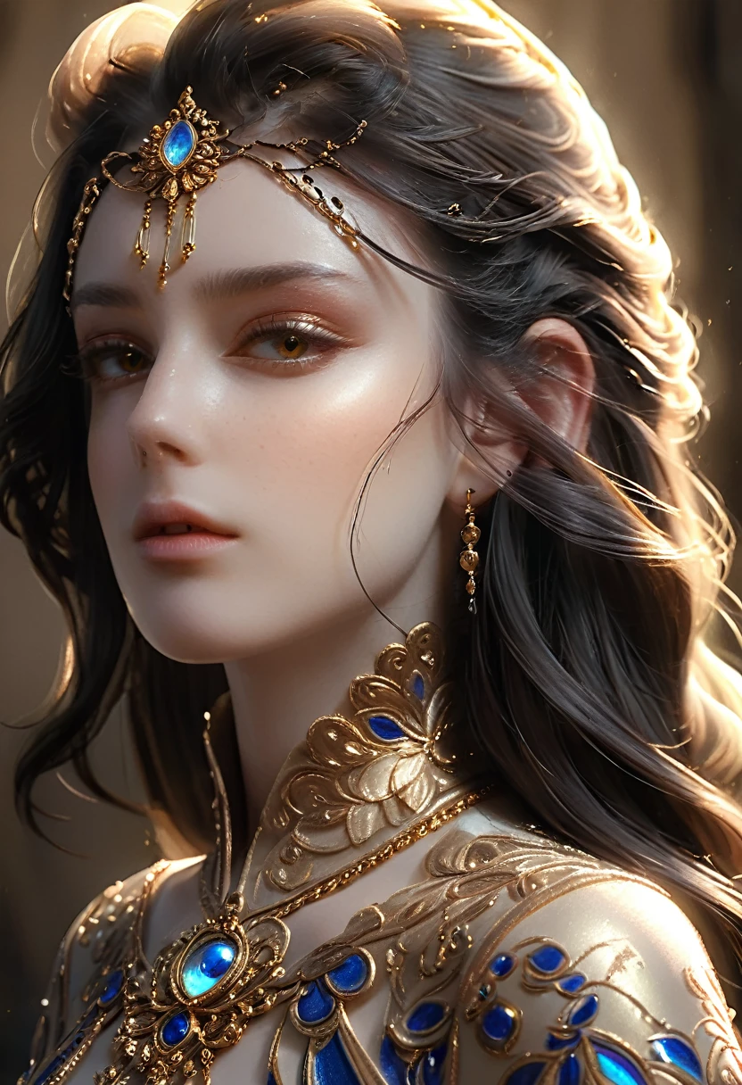 a beautiful detailed girl with glowing skin, long dark hair, stunning eyes, elegant facial features, a proud expression, intricate clothing, posing gracefully in a dramatic chiaroscuro lighting environment, digital art, cinematic lighting, cinematic composition, highly detailed, hyper realistic, photorealistic, unreal engine, 8k, intricate details, impeccable rendering, masterpiece, award winning