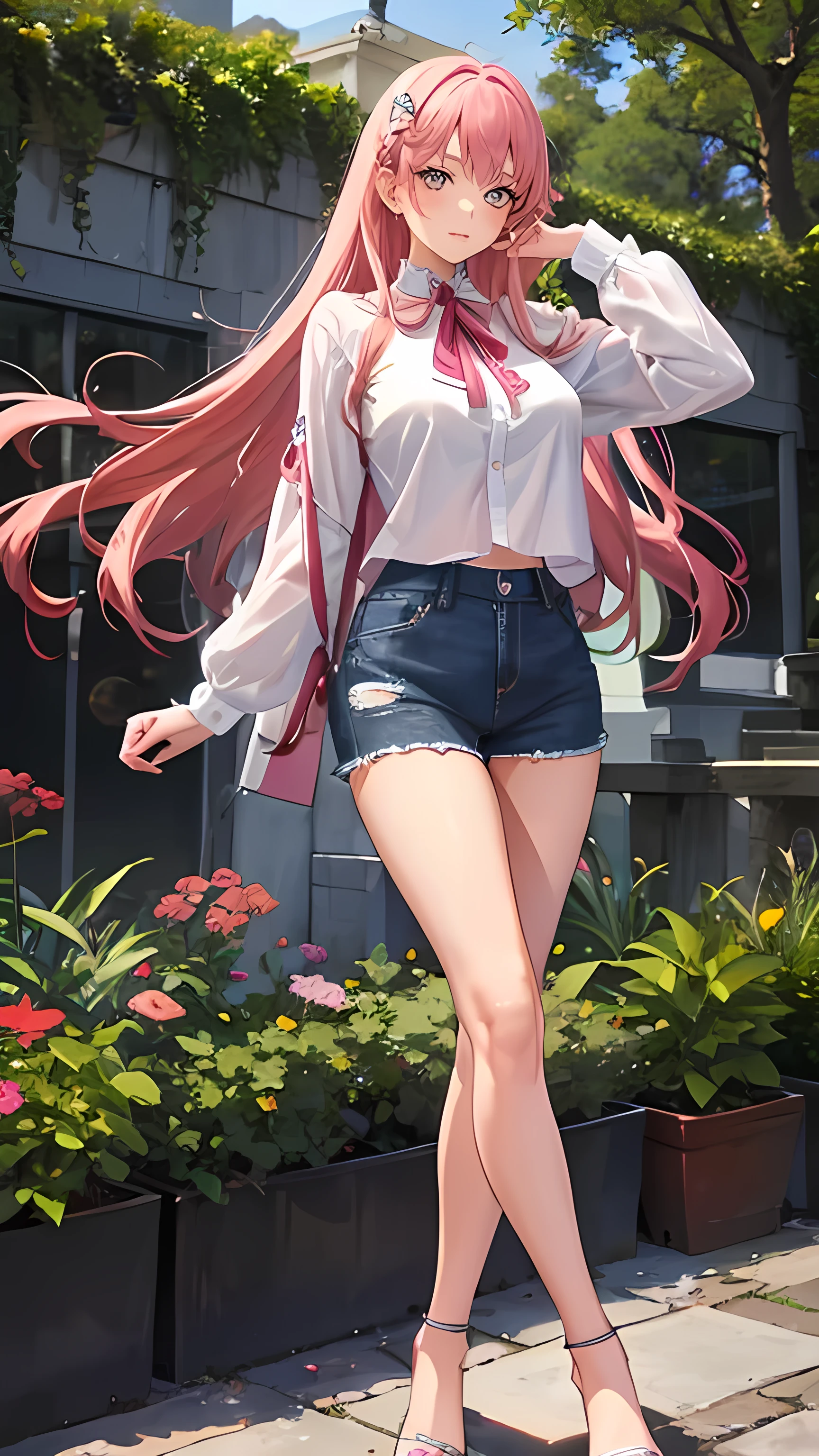 1 girl, Solitary, White shirt,,Short jeans skirt,Look at the audience 1:5,Big breasts and breasts,Perfect body pink hair long hair,The background is the garden,black