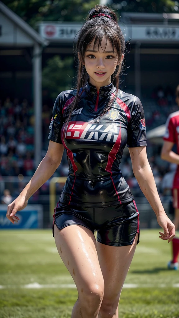 Highest quality, High resolution:1.2, Very detailed, Realistic:1.3, ((Beautiful woman))、((((Super tight uniform))))、((Super big breasts))、(The abdomen is visible)、Vibrant colors, play soccer,((Blunt bangs))、Various Hair Styles、Different hair colors、With bangs、Wet Hair, concentrate, splash, Action Shots, Grass blotches, Muddy ground, Wet turf, decide, Fast-paced games, Athletic physique, Shiny soccer ball, Wet Uniform, raindrop, Blurred motion, ボールにconcentrateする, Intense competition, Skillful dribbling, Energetic play, Teamwork, powerful shoots, Wet pitch, Passionate sports, Fierce decide, Humid atmosphere, Fluid movement, emotional expression、Dramatic lighting, Women's Sports, Avid athletes, Exciting Games, Endure, Excited state, Speed and agility, Energetic play, 濡れたsplash、smile、Red Uniform