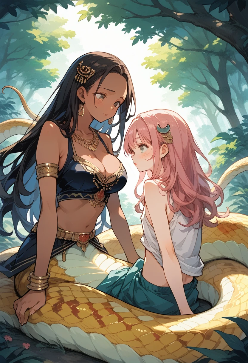 score_9, score_8_up, score_7_up, source_アニメ, highest quality, masterpiece,  Lamia, snake girl, sunlight, Detailed shadows and lighting, cute ((Dark skinned African American anime girl)), Human torso, No legs, thick, Cleavage, Nature background, Detailed tree, Scaly snake tail,  blush,
 2girl, (1girl, long hair), futa on female, futa is bigger, femdom, forced, uncensored, Sex, missionary, spread legs