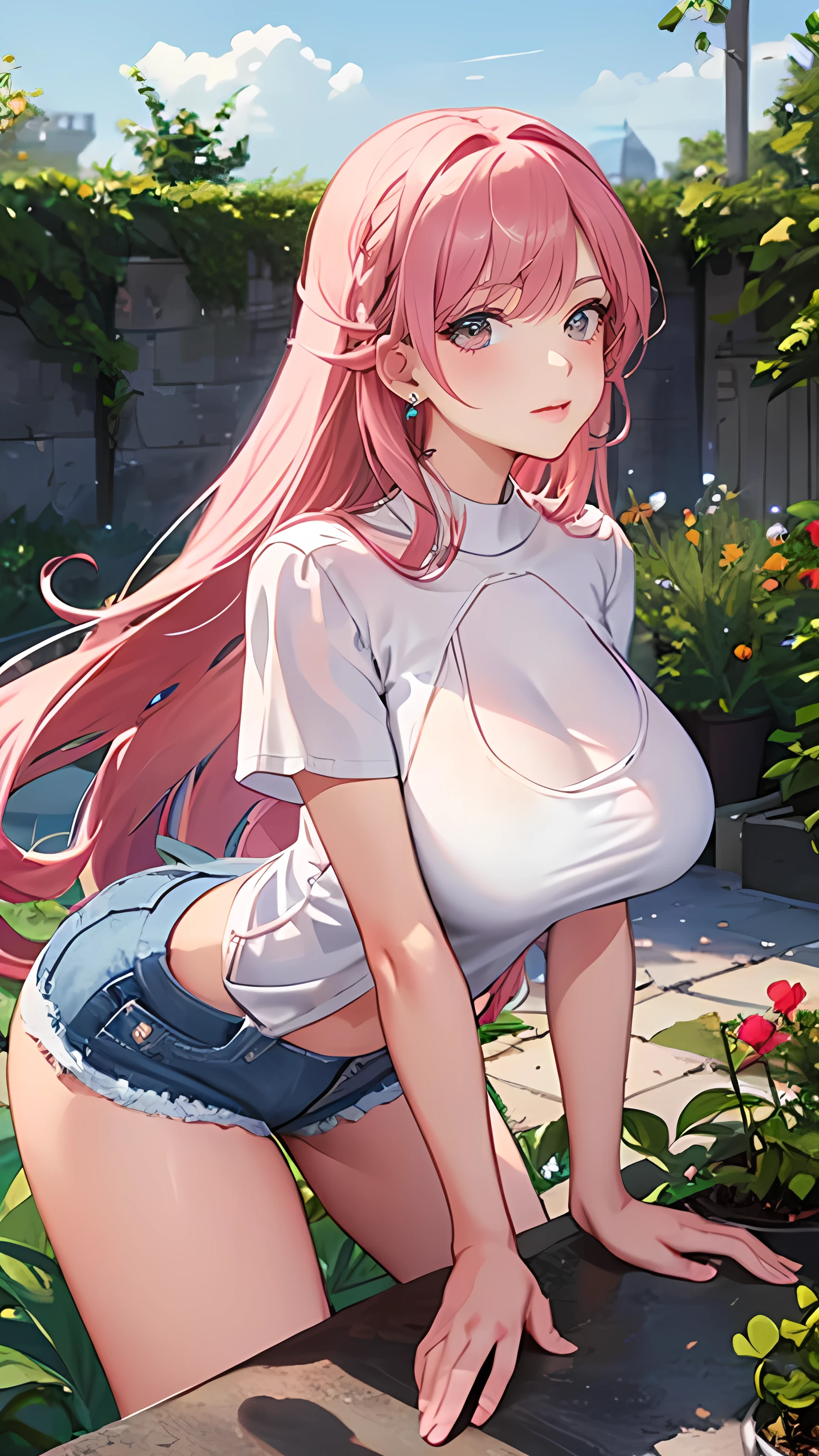 1 girl, Solitary, White shirt,,Short jeans skirt,Look at the audience 1:5,Big breasts and breasts,Perfect body pink hair long hair,The background is the garden,black
