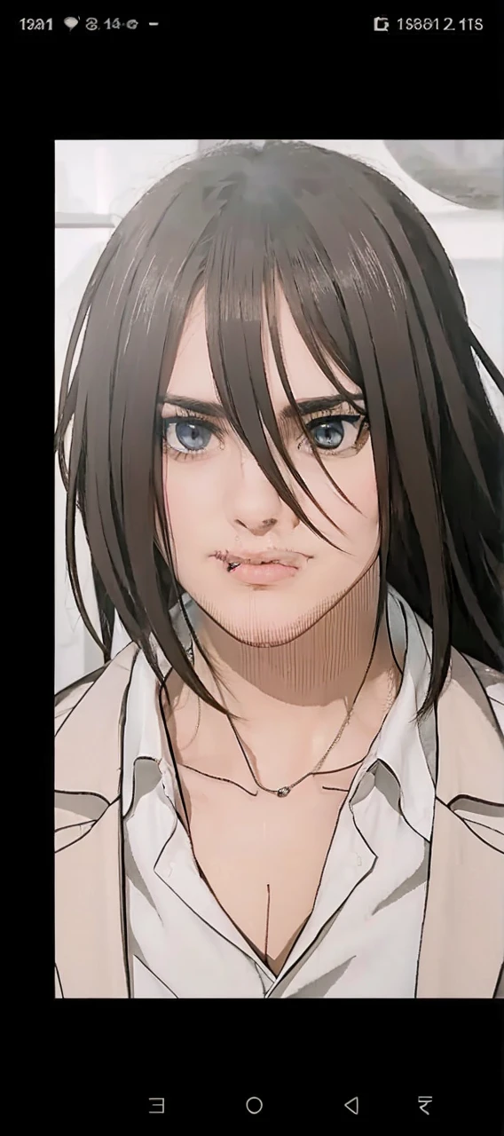 Mikasa Ackerman, ((1mujer)), pelo muy corto, Estilo anime Attack on Titan (cabello negro: 1.3), scowling, patillas, flequillo con cabello en la frente, cabello muy corto y negro y ojos azules en una camisa blanca con un escote negro, He has Asian eyes and a stubborn nose, pechos medianos, primer plano, solamente, labios, obra maestra, Plano medio, detallado, mejor calidad, Dramatic lighting