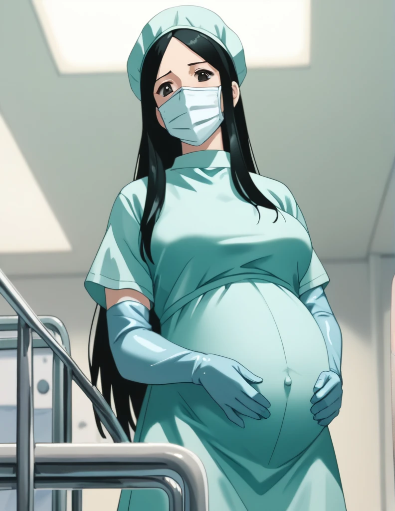 score_9,  score_8_up, score_7_up, source_anime, kasuganoray, pale skin, shy eyes, big breasts, long hair, scrubs, surgical mask, surgical cap, long sleeve maternity dress, seamless, 
1girl, pregnant, solo, rubber gloves, looking down, furrowed brow, hospital bed, standing