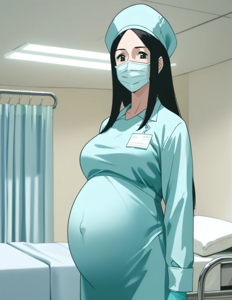 score_9,  score_8_up, score_7_up, source_anime, kasuganoray, pale skin, shy eyes, big breasts, long hair, scrubs, surgical mask, surgical cap, long sleeve maternity dress, seamless, 
1girl, pregnant, solo, rubber gloves, looking down, furrowed brow, hospital bed, standing