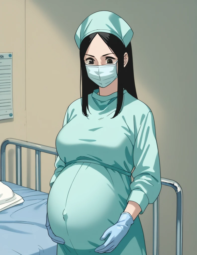 score_9,  score_8_up, score_7_up, source_anime, kasuganoray, pale skin, shy eyes, big breasts, long hair, scrubs, surgical mask, surgical cap, long sleeve maternity dress, seamless, 
1girl, pregnant, solo, rubber gloves, looking down, furrowed brow, hospital bed, standing