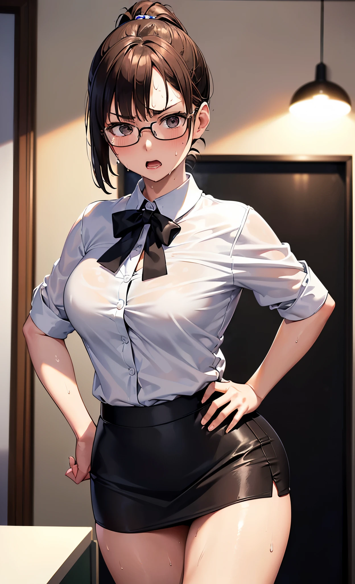 masterpiece, best quality, ultra detailed, ultra high resolution, very detailed face, solo, ((raw photo)), 22 years old japanese woman, (((office lady, white blouse))), (((black short tight skirt))), glasses, ((brown bob hair, ponytail)), (((medium breast))), ((little angry)), ((sweat:1.3)), ((hands on the hip)), in the night room