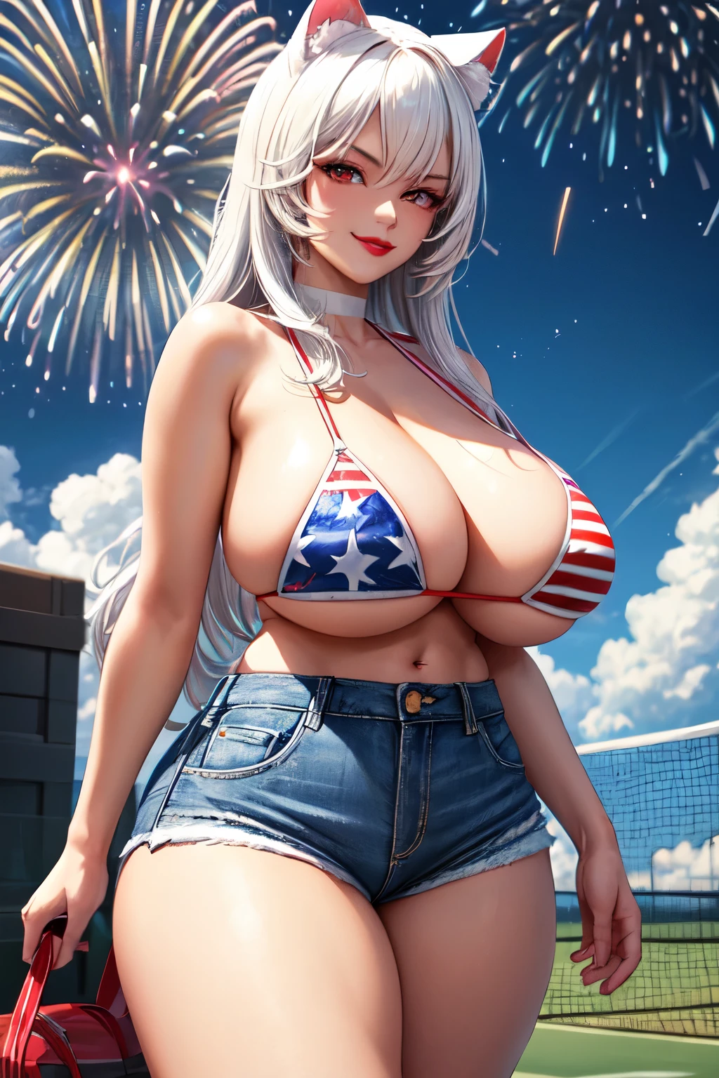 ((exceptional quality)), ((masterpiece)), (detailed), perfect face, perfect eyes, perfect proportions, white hair, white cat ears, white cat tail, gigantic breasts, thick thighs, red eyes, smirking, ruby red lipstick, bikini top with American flag design on fabric, blue jean shorts, tennis shoes, fireworks going off in background, 