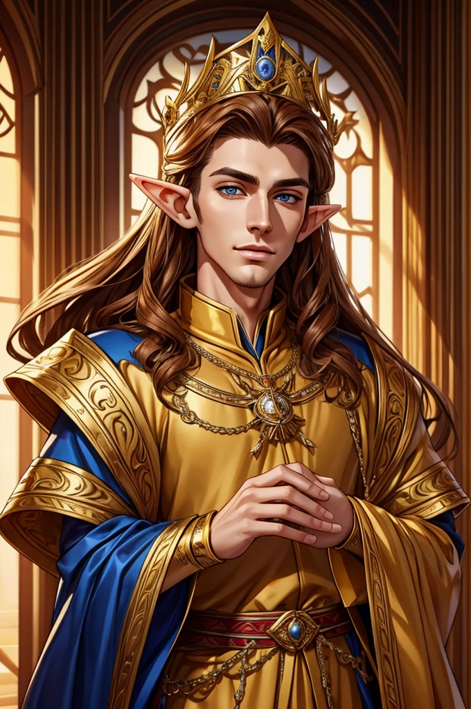 Tall, handsome and young man, 25 years old, elf king with exuberant beauty, honey-colored eyes