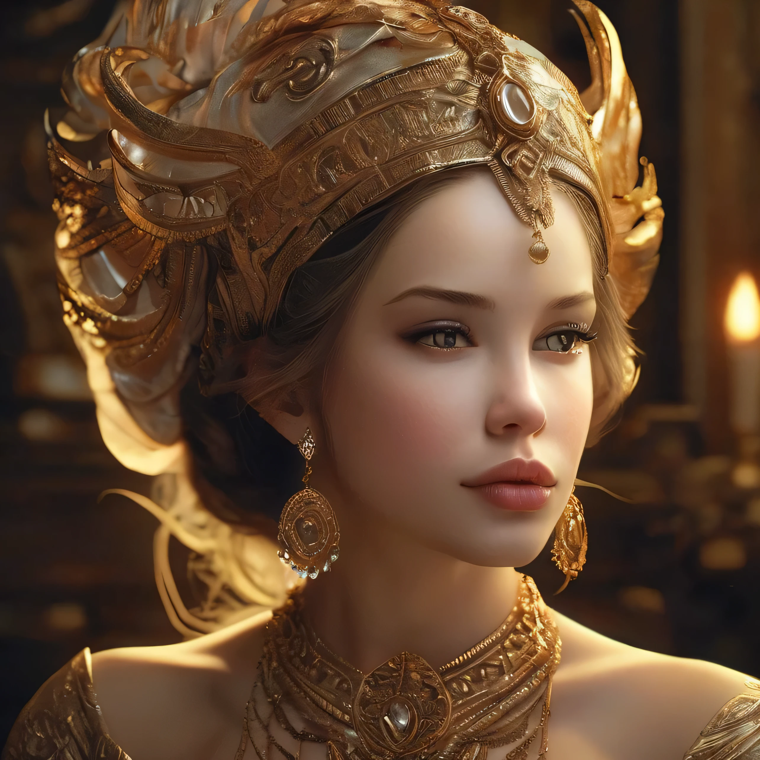 masterpiece, best quality, 1 girl, solo, laurence bedard, glossy, beautiful detailed eyes, beautiful detailed lips, extremely detailed face, longeyelashes, elegant, graceful, serene, peaceful expression, intricate jewelry, ornate headpiece, flowing dress, cinematic lighting, warm golden tones, dramatic backlighting, highly detailed, photorealistic, digital painting