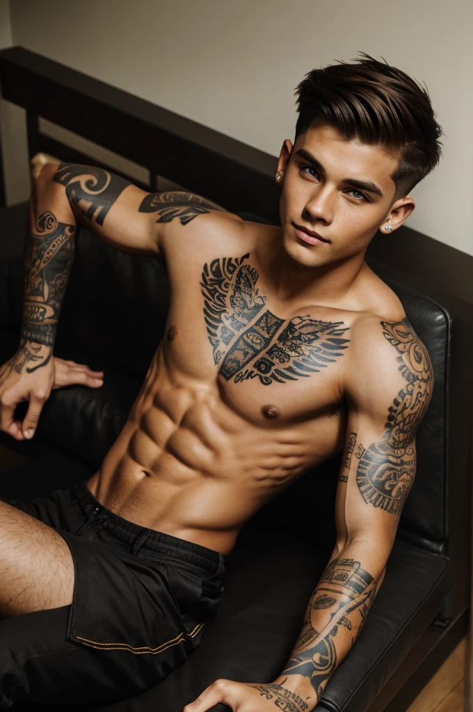 Boy 90s haircut, brown hair, tattoos in arms, thin, black outfit, brown eyes, dimples