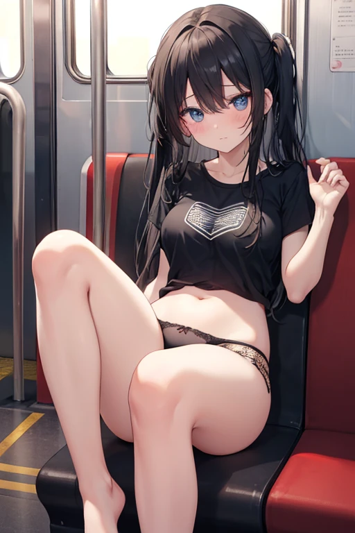 Black Hair、black eye、girl、Semi-long hair、girl、Medium sized breasts、ta、Embarrassed look、Looks about 18 years old、目のhighlight、Sexy thighs、Short T-shirt、Black lace bikini panties、Your eyes are so beautiful、highlight、Sit in your seat、Open leg pose、Spread your legs、Inside the train