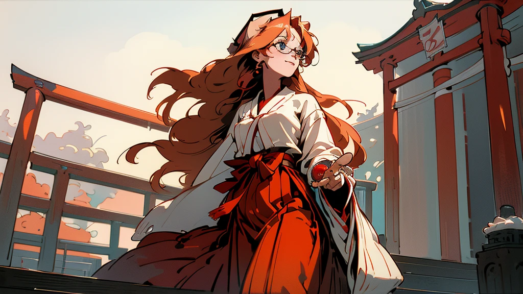 intricate detailed,realistic,from below,
1girl,23yo,blue eyes, wearing red glasses,strawberry blonde hair,long hair, (white skin),big smile,large breasts,
miko,Chihaya,red hakama,holding kagura bell,
Precincts of the shrine,red torii,looking away,looking up,
