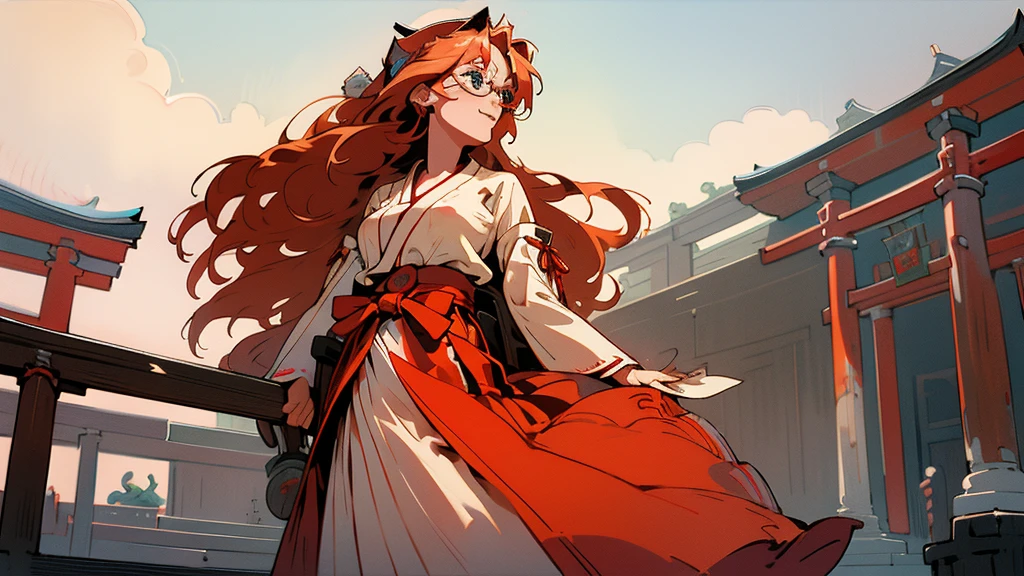 intricate detailed,realistic,from below,
1girl,23yo,blue eyes, wearing red glasses,strawberry blonde hair,long hair, (white skin),big smile,large breasts,
miko,Chihaya,red hakama,holding kagura bell,
Precincts of the shrine,red torii,looking away,looking up,
