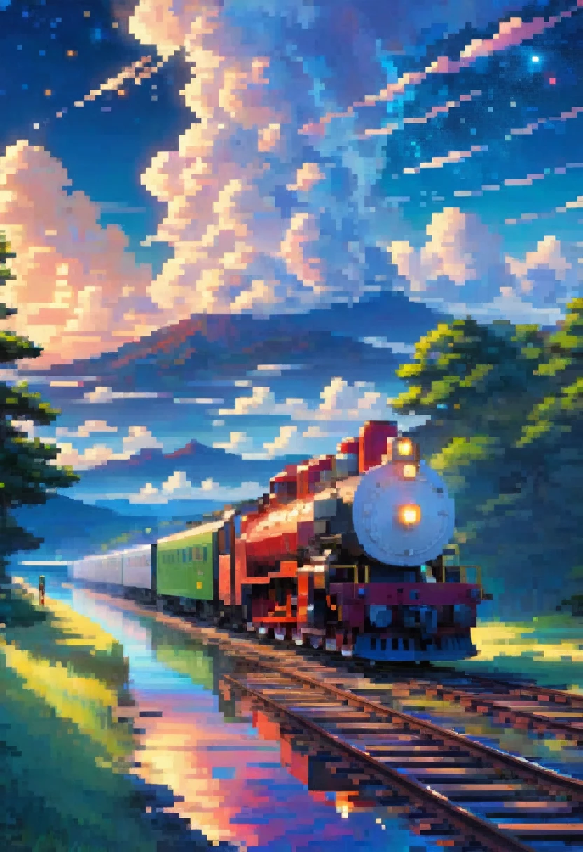 High-quality masterpiece, landscape, cloud, Cartoon train passing a body of water on the tracks in the distance, Bright starry sky. Visitors, Romantic Lighting, Pixif, Concept Art, Lofy art style, reflection. Shinkai Makoto, Trophy Art, Beautiful anime scene, Anime Landscape, Detailed Landscape — Width 672, Shinkai Makoto's style, Shinkai Makoto's style, Enhance Details.