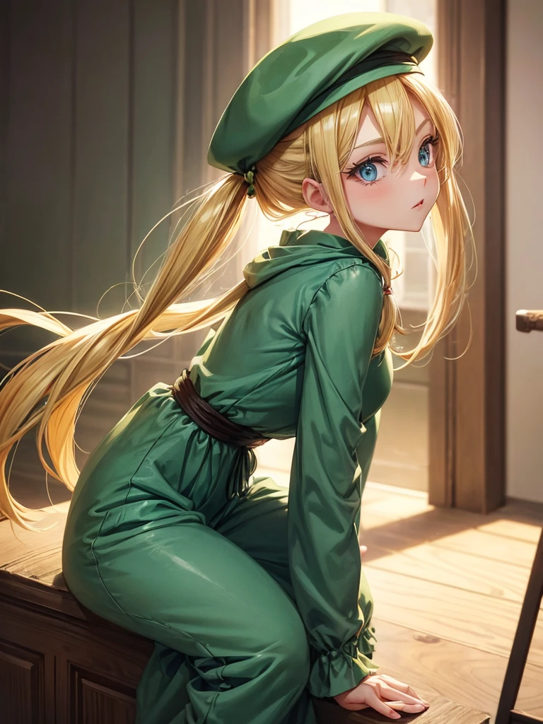 an adult girl, blond hair, two low blonde pigtails, blue eyes, green jumpsuit dress, a green hat on his head, type photo for profile, all with the design and style of Dragon Ball