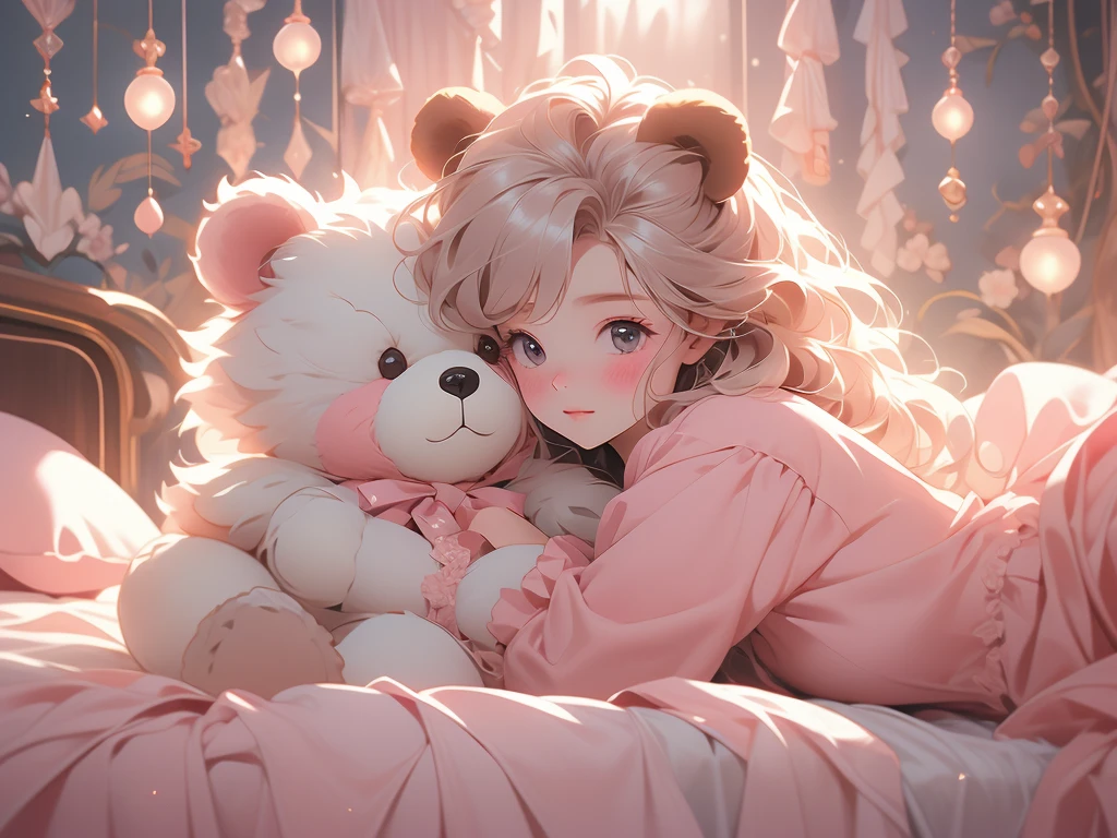 plus size, plus size anime, anime style, happy, smiling, blushing, sweet, cute, close-up, stuffed animals, bedding, bedroom setting, sunbeams, soft