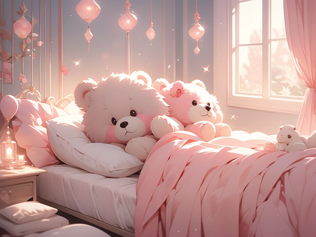 a close up of a bed with a teddy bear on it, with soft pink colors, soft!!, dreamy soft, cozy bed, very comfy, very comfy], soft cute colors, pale, large comfy bed, light pink tonalities, lovely, bed, tufted softly, heaven pink, satin, comfy, dreamy, soft. high quality, dainty
