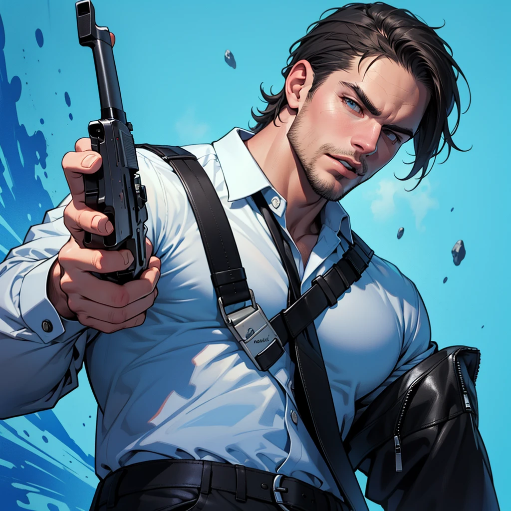 1 man, male focus solo, middle aged Stephen Amell, tall, lean muscle, light blue shirt, black leather shoulder holster, faded black trouser, upper body shot, (detailed face:1.1), black short hair, facial hair, holding a pistol with two hands, (pistol:1.2), cold face, ultra high quality, masterpiece, from below, intense splashed blue and white paint in the blackground, front view