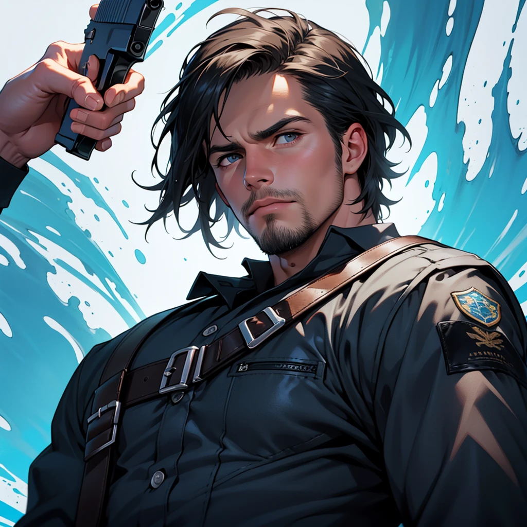 1 man, male focus solo, middle aged Stephen Amell, tall, lean muscle, light blue shirt, black leather shoulder holster, faded black trouser, upper body shot, (detailed face:1.1), black short hair, facial hair, holding a pistol with two hands, (pistol:1.2), cold face, ultra high quality, masterpiece, from below, intense splashed blue and white paint in the blackground, front view