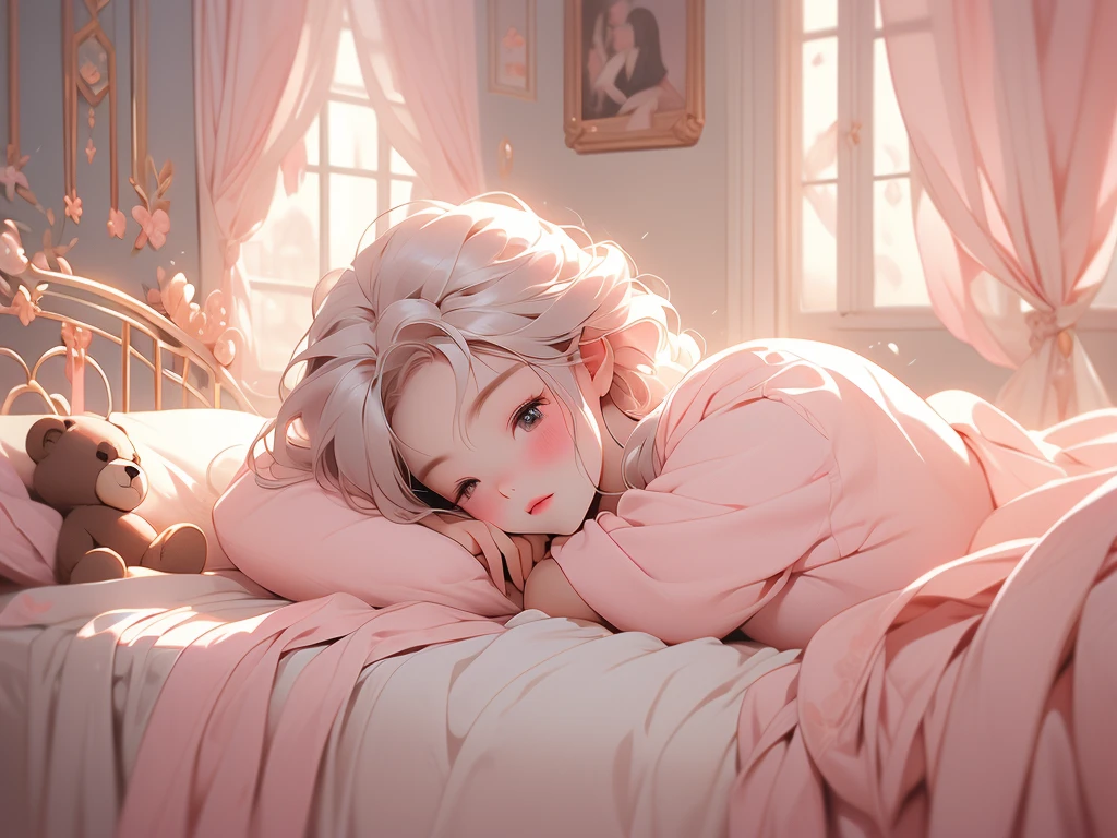 a close up of a bed with a teddy bear on it, with soft pink colors, soft!!, dreamy soft, cozy bed, very comfy, very comfy], soft cute colors, pale, large comfy bed, light pink tonalities, lovely, bed, tufted softly, heaven pink, satin, comfy, dreamy, soft. high quality, dainty